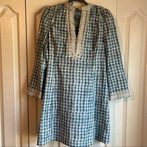 Tory Burch Tunic Dress long sleeve blue white Embroidery size 8 Cotton